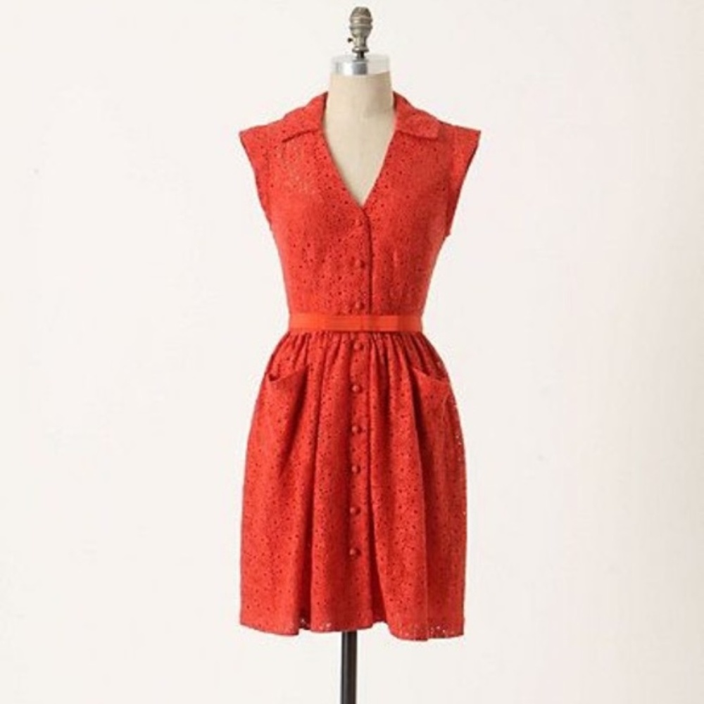 Sleeveless Red Eyelet Button-Front Dress
